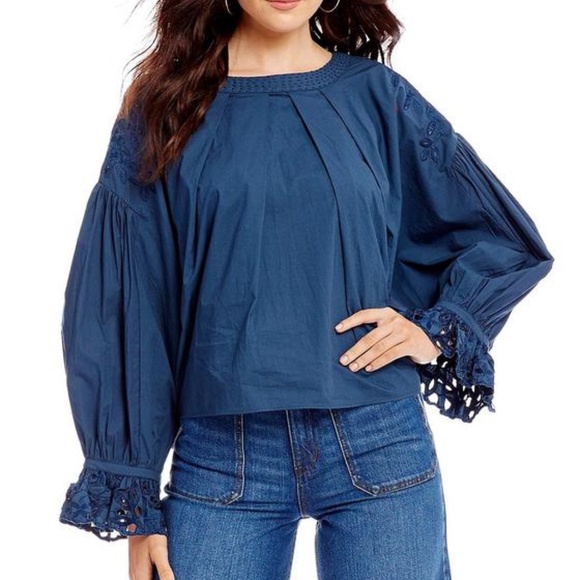 Free People Tops - Free People Blouse Balloon Long Sleeves Embroidered Lace Navy Blue Ruffle Size M